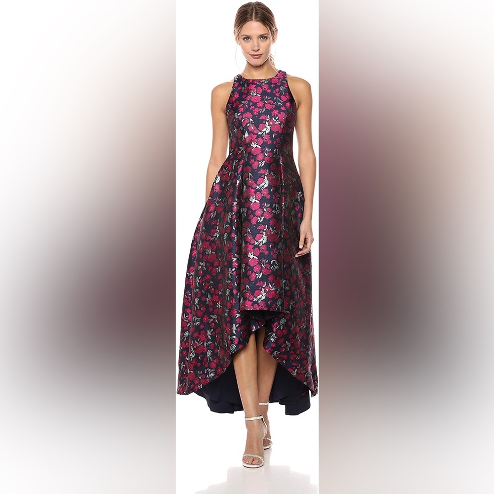 Aidan by Aidan Mattox Navy and fuscia Floral High-Low Gown